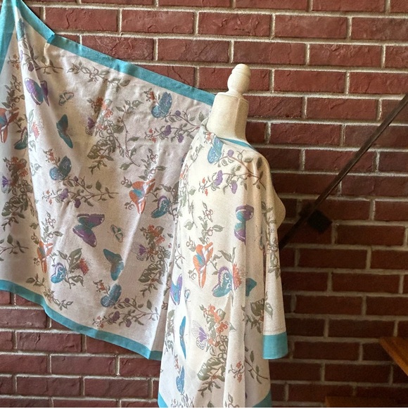 •Ginnie Johansen Vintage 87’Cotton Floral Butterfly Shawl Scarf Made In Japan - Picture 3 of 13